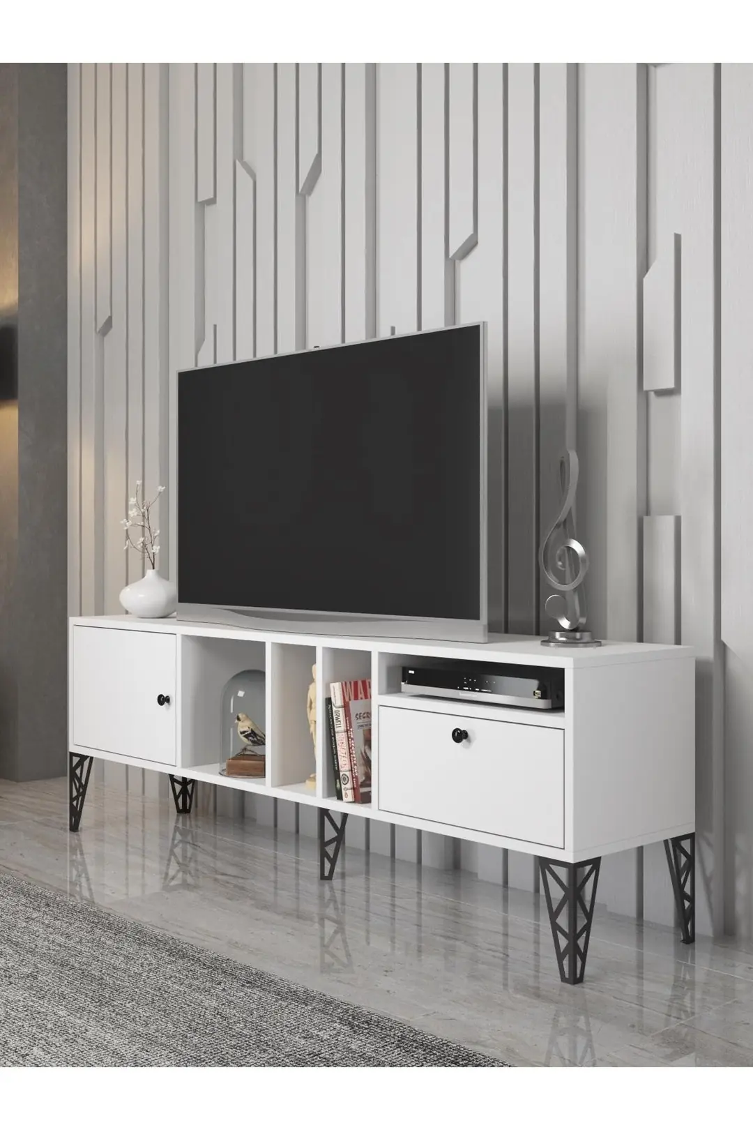 Cercei 160 Cm Metal Ayaklı Tv Ünitesi - Beyaz / Siyah