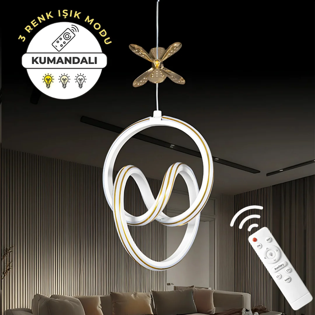 Yaren Beyaz Kumandalı 3 Renk LED Gold Çizgili Gold Kelebek Dekorlu Sarkıt Avize