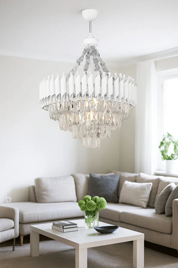 Palmira 55'lik Prizma Kesim Kristal Taşlı Lüks Salon Avize - (Beyaz Krom)