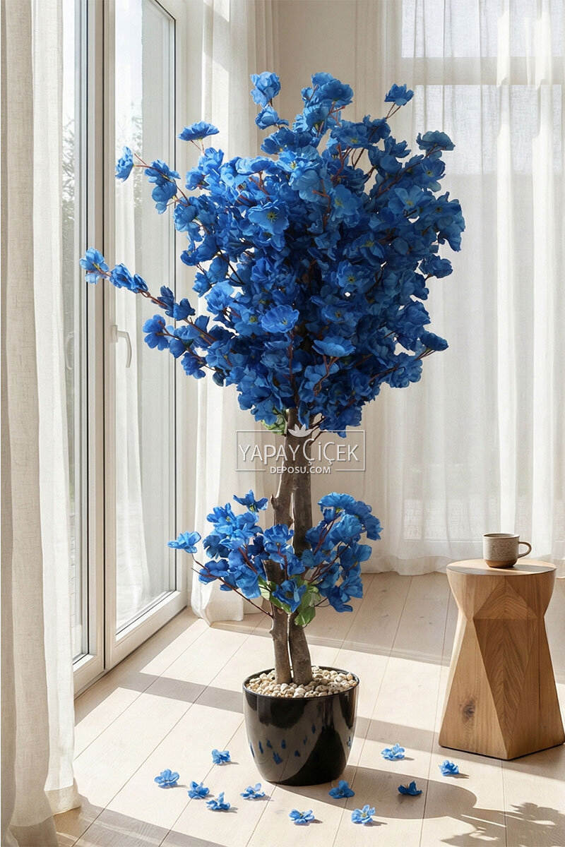 Saksıda Yapay 2 Gövdeli Bahar Dalı Ağacı 100 cm Lacivert