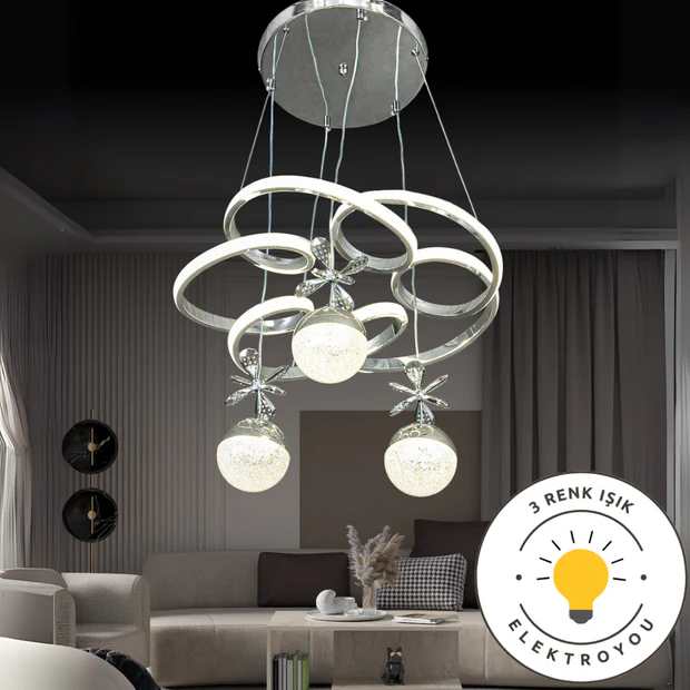 Avillam Krom Kaplama 3 Renk Ledli Modern Özel Tasarım Sarkıt Led Avize