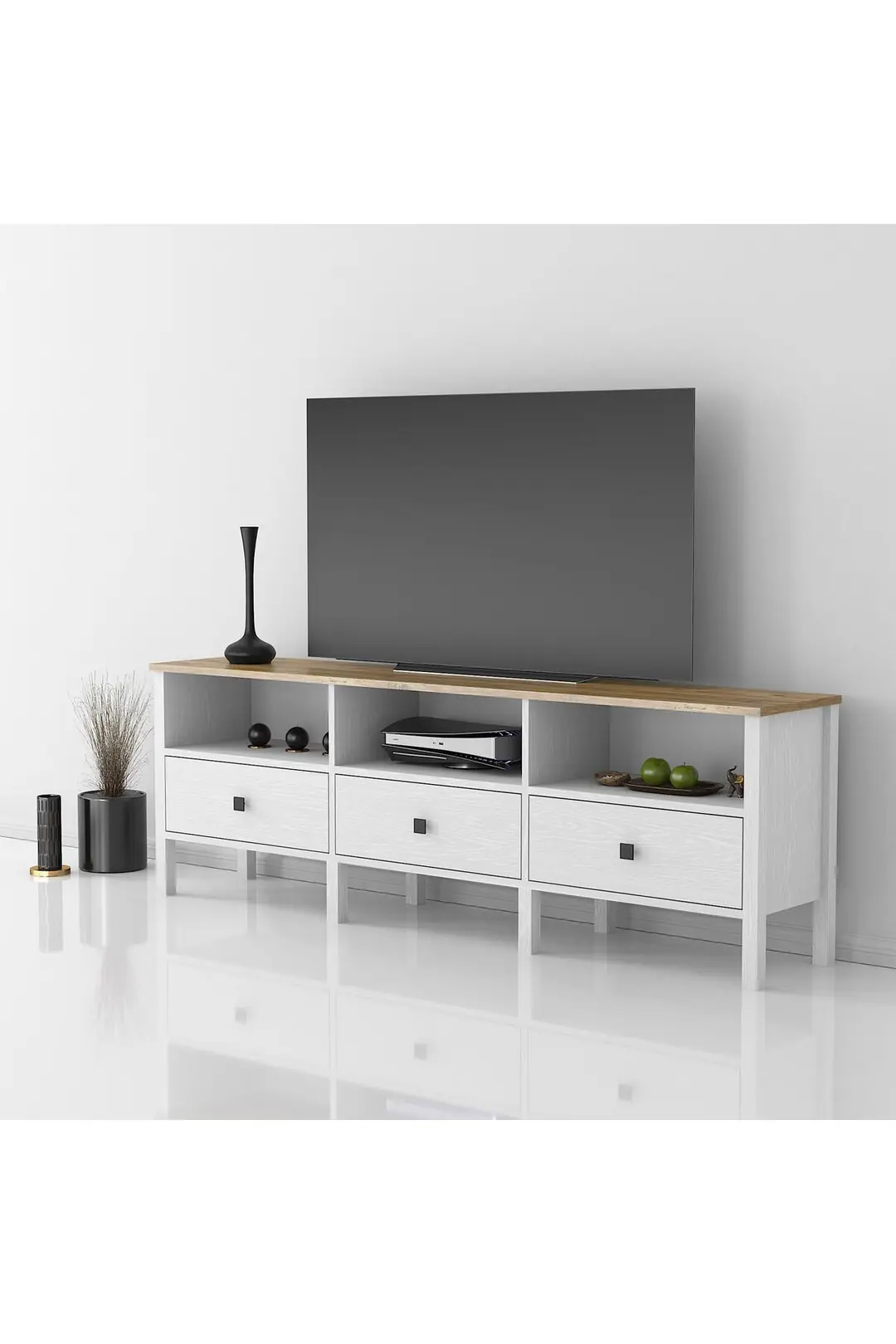 Venezia 3 Çekmece 3 Bölmeli Ahşap Ayaklı Tv 150 Cm Tv Ünitesi - Minifiksli -Atlantik çam /Wood Beyaz Venezia 3 Çekmece 3 Bölmeli Ahşap Ayaklı Tv 150 Cm Tv Ünitesi - Minifiksli -Atlantik çam /Wood Beyaz