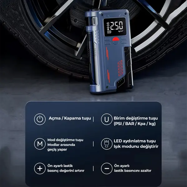 robo Süper 4’lü Şarjlı Akü Takviye Cihazı – Lastik şişirici – Powebank – Led ışık 150Psi Yüksek Basınçlı