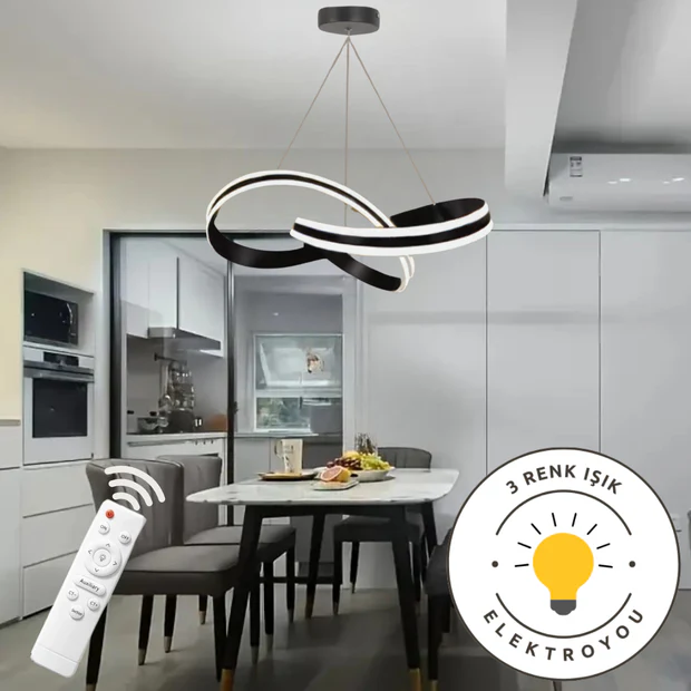 Astera Siyah Kumandalı 3 Renk Ledli Modern Özel Tasarım Sarkıt Led Avize