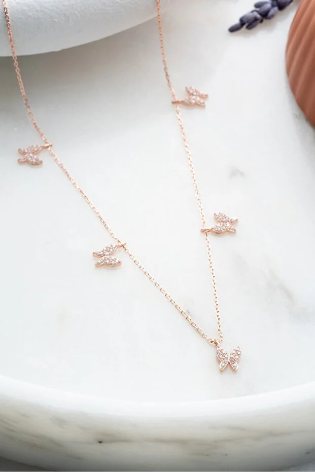 925 Ayar Gümüş Rose Zirkon Taşlı Şans Kelebek Kolye