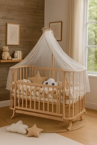 Mabela Beşik Ahşap Kahverengi Krem Örgü Koruma Set Ile