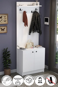 2 Kapaklı Portmanto Elbise Askılığı Vestiyer Ayakkabılık Askılık Güneş Beyaz