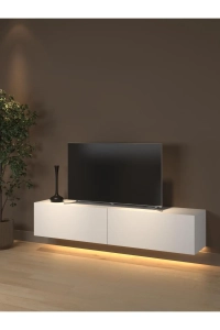Rami Duvara Monte Led Işıklı, Dolaplı Tv Ünitesi - Tv Sehpası - Minifiksli - Beyaz