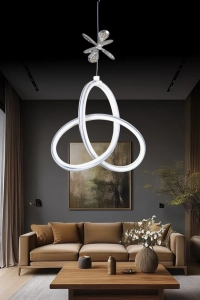 Yonca Beyaz Özel Tasarım Krom Çizgili Krom Kelebek Dekor Detaylı Sarkık Beyaz Ledli Avize