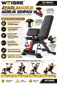Ayarlanabilir Ağırlık Sehpası, 7 Kademeli Sırt, Preacher Curl Pedi ve Direnç Bantlı Evde Spor Bench