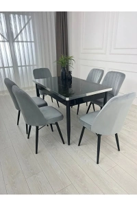 6 Kişilik Açılabilir Yemek Masası Takımı 6 Sandalyeli Siyah Mermer Desenli MDF Yemek Masası Takımı