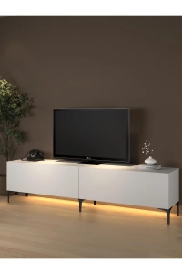 Napoli 200 Cm Led Işıklı Geniş Dolaplı Minifiksli Tv Ünitesi - Tv Sehpası - Beyaz