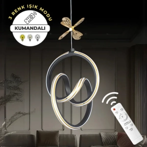 Yaren Siyah Kumandalı 3 Renk LED Gold Çizgili Kelebek Detaylı Sarkıt Dimmerli LED Avize