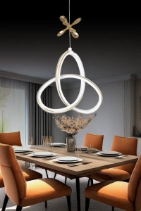 Yonca Beyaz Özel Tasarım Gold Çizgili Gold Kelebek Dekor Detaylı Sarkık Beyaz Ledli Avize