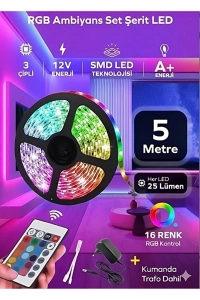 AKILLI RGB LED ȘERİT 12V 1.5A ADAPTÖRLÜ UZAKTAN KONTROL KUMANDALI RENKLI 5 METRE LED ŞERİT