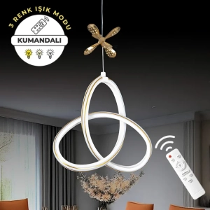 Yonca beyaz Kumandalı 3 Renk Dimmerli LED Gold Çizgili Gold Kelebek Detaylı Sarkıt Avize