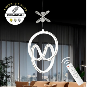 Yaren Beyaz Uzaktan Kumandalı 3 Renk Ledli Özel Tasarım Krom Çizgili Krom Kelebek Dekor Detaylı Sarkık Ledli Avize Kumandalı Avize Dimmerli Avize