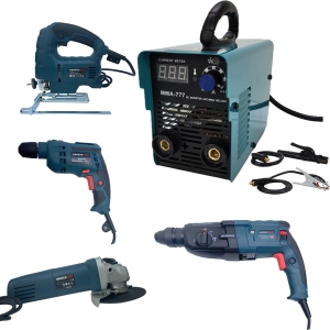 BoschPlus Elektrikli 5 Lİ Grup Set (4 lü Makine Seti Kırıcı Delici, 13mm Darbeli Vidalama Matkap, 125mm Avuç Taşlama, Dekupaj Testere + MMA777 İnverter Kaynak Makinesi)