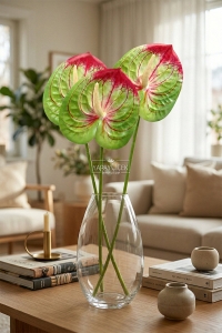 Yapay Islak Tekli Antoryum Dalı 60 cm Yeşil-Fuşya