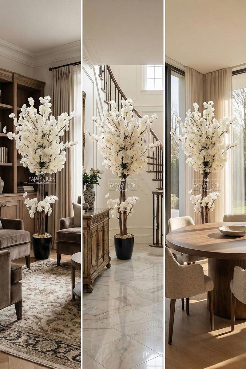 Saksıda Yapay 2 Gövdeli Bahar Dalı Ağacı 100 cm Beyaz