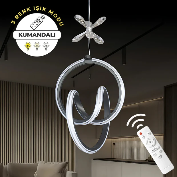 Yaren Siyah Kumandalı 3 Renk LED Krom Çizgili Kelebek Dekorlu Sarkık Dimmerli Avize