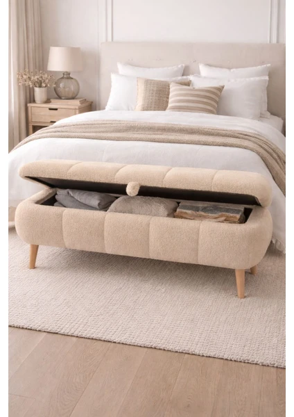 Sara Sandıklı Puf Bench, Teddy Kumaş Kaplamalı Ahşap Ayaklı Modern Bench Puf