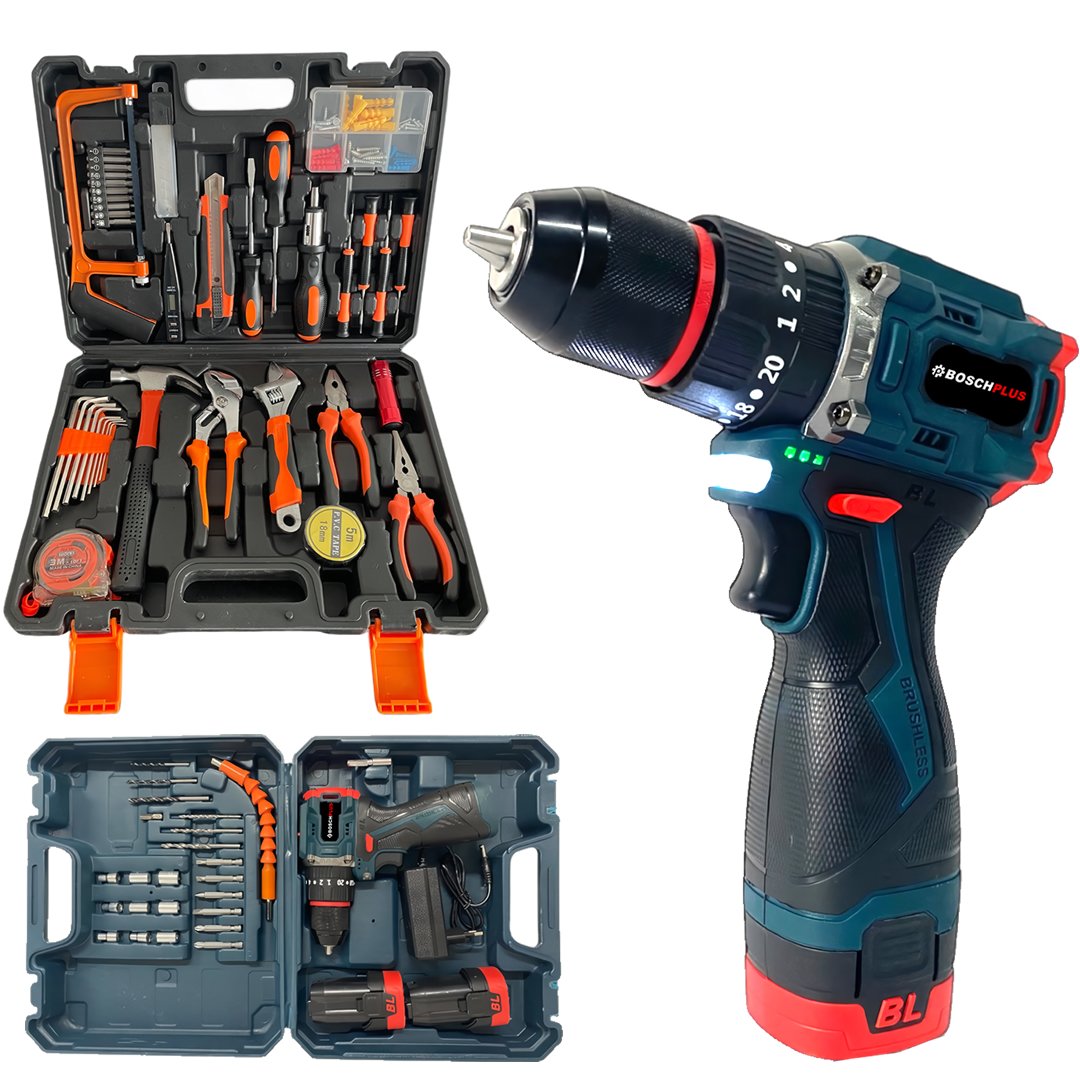 BoschPlus Akülü Kömürsüz Armut Batarya Vidalama Matkap Seti ve 105 Parça Özel Alışım Çelik Profesyonel Alet Takım Seti