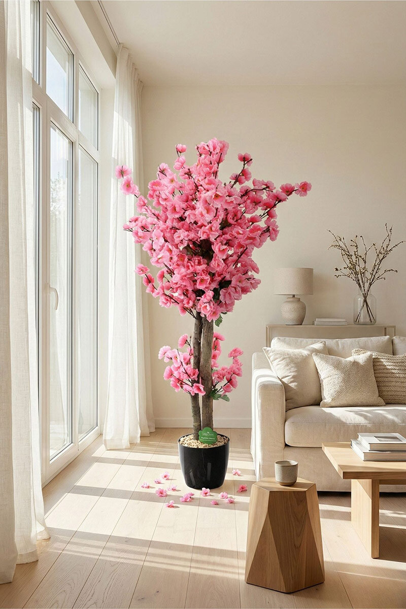 Saksıda Yapay 2 Gövdeli Bahar Dalı Ağacı 100 cm Pembe