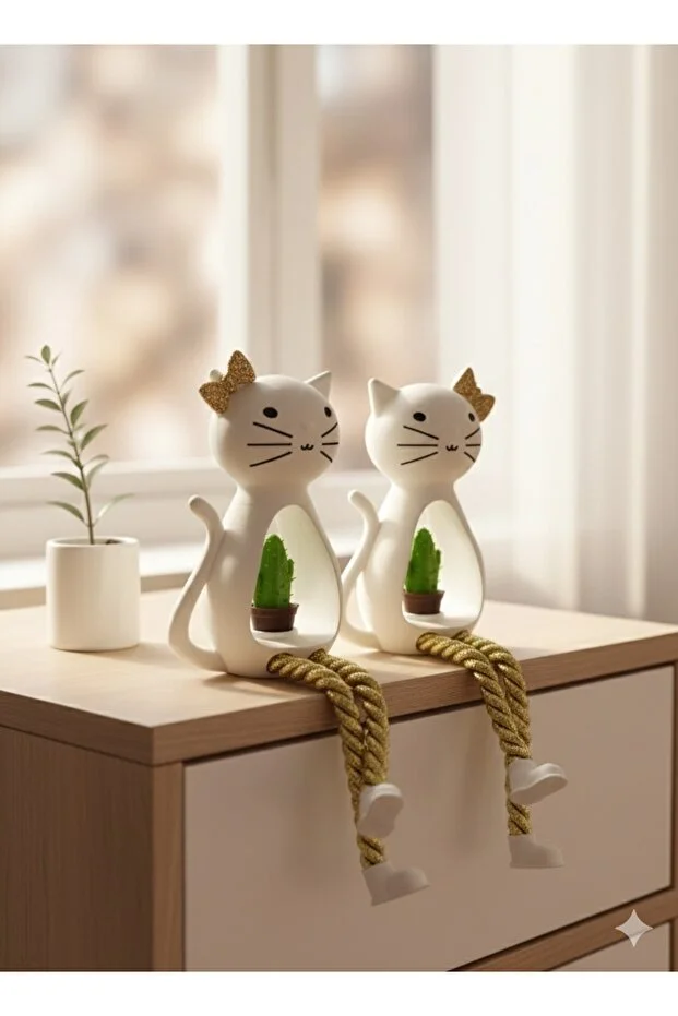 2'li Kedi Dekor Biblo Gold İpli 2'li Kedi Dekor Biblo Gold İpli