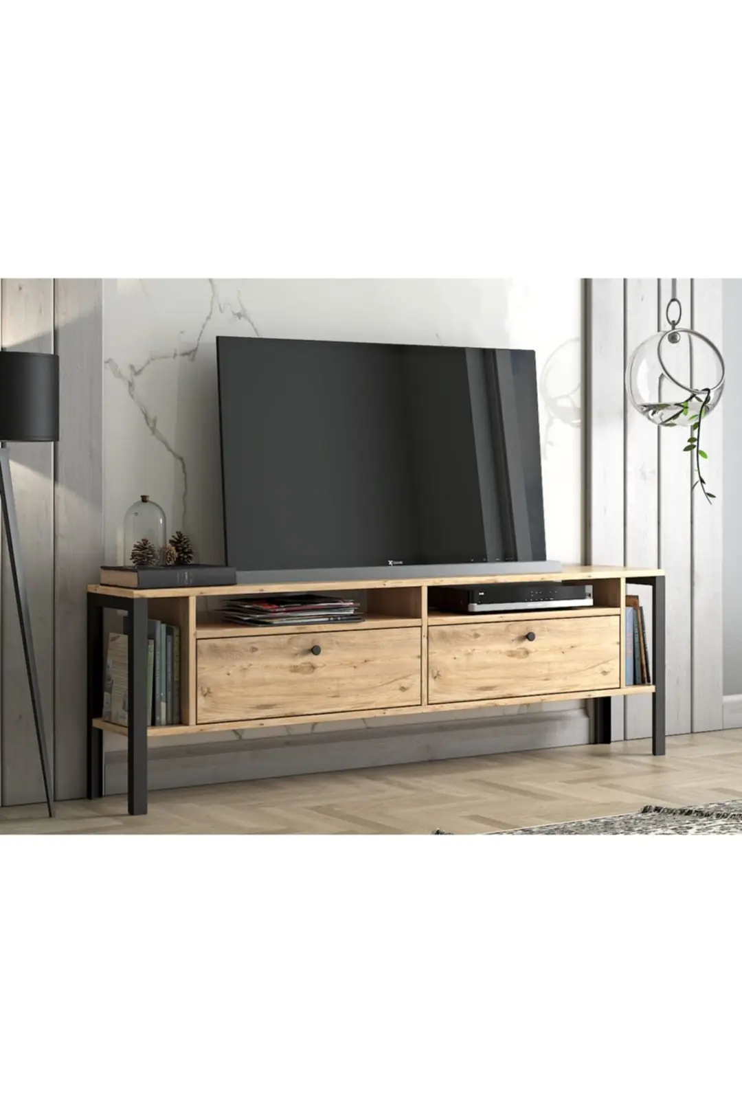 Atlanta 160 Cm Metal Ayaklı Tv Ünitesi - Atlantik Çam / Siyah