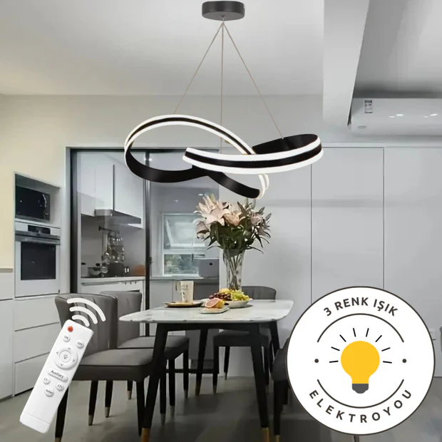 Astera Siyah Kumandalı 3 Renk Ledli Modern Özel Tasarım Sarkıt Led Avize
