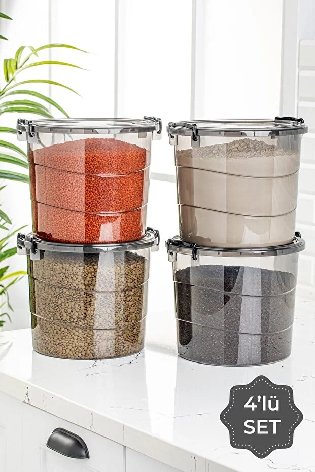 Mega Boy 4'lü Yuvarlak Un Bakliyat Kabı 7 Litre - Kulplu Deterjanlık Saklama Kutusu Kabı Antrasit Mega Boy 4'lü Yuvarlak Un Bakliyat Kabı 7 Litre - Kulplu Deterjanlık Saklama Kutusu Kabı Antrasit