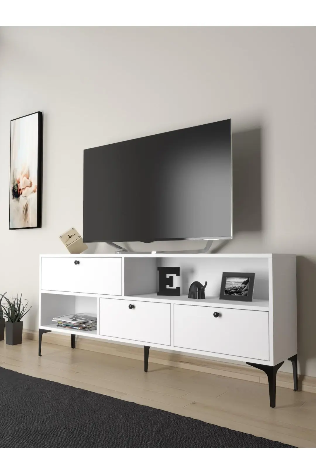 Katre 150 Cm Metal Ayaklı Tv Ünitesi - Beyaz / Siyah
