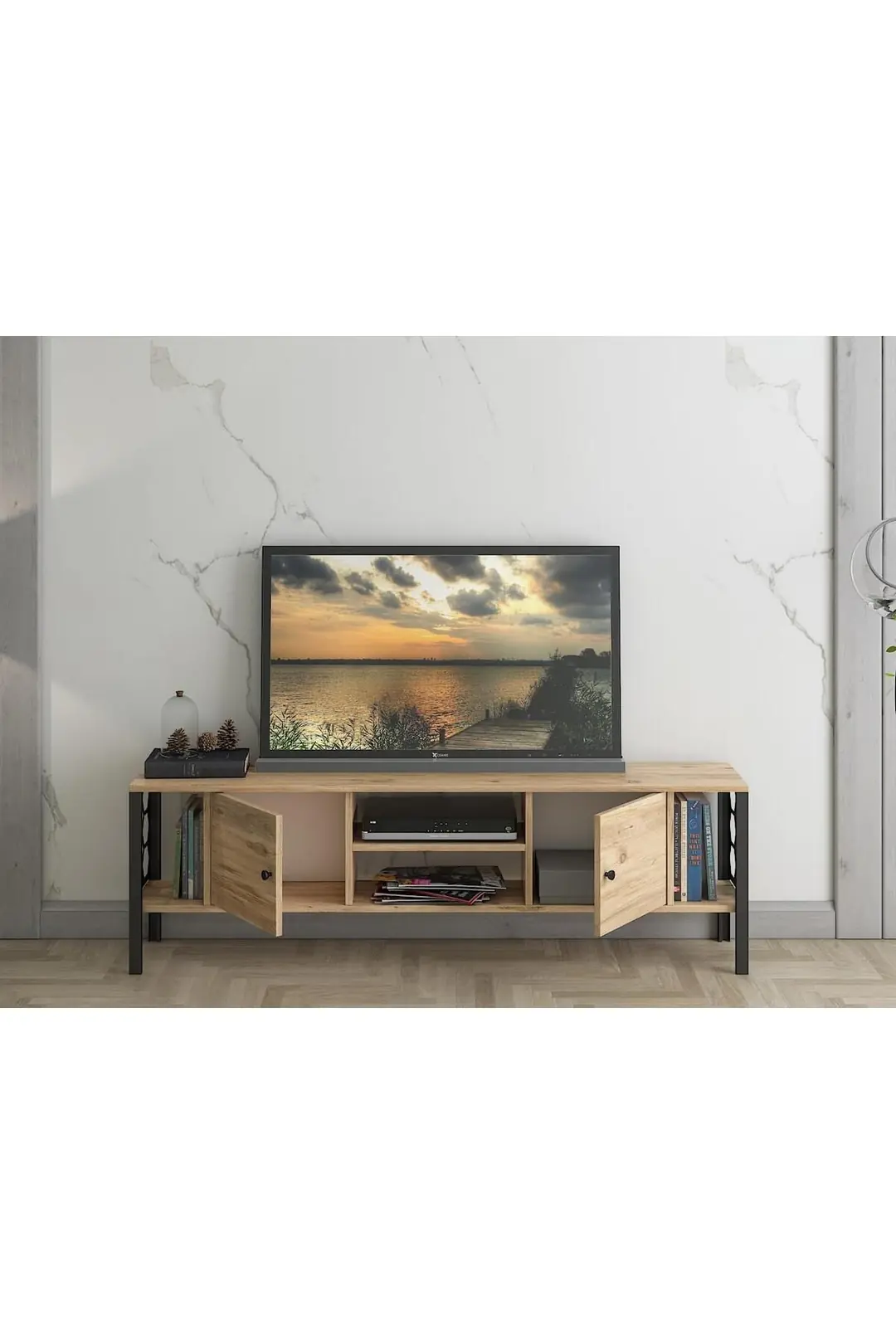 Asena 160 Cm Metal Ayaklı Tv Ünitesi - Atlantik Çam / Siyah