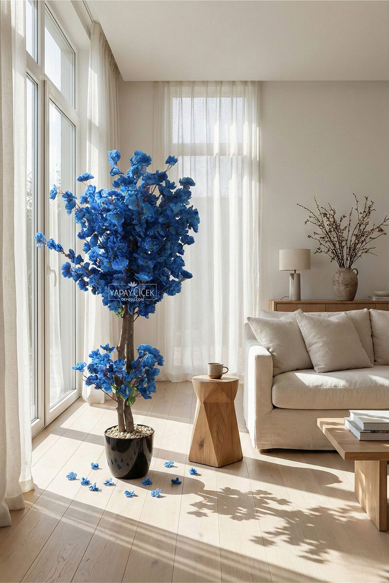 Saksıda Yapay 2 Gövdeli Bahar Dalı Ağacı 100 cm Lacivert